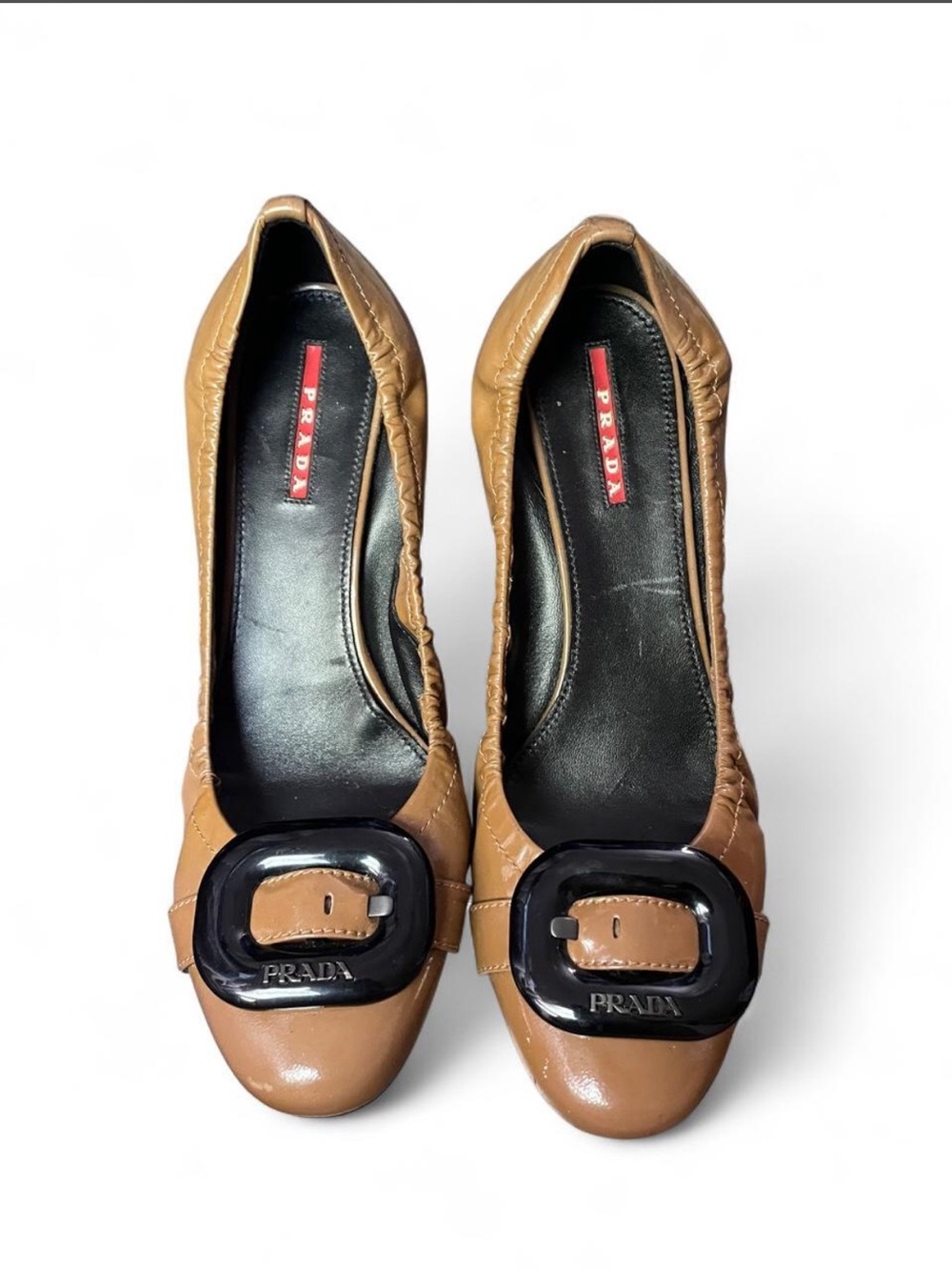 PRADA Patent Leather Taupe Brown/Black-Block Heel/Black LOGO Buckle PRISTINE!
